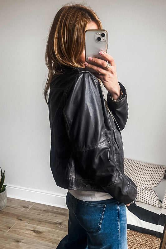 Veste zippée en cuir PU noir avec col à revers