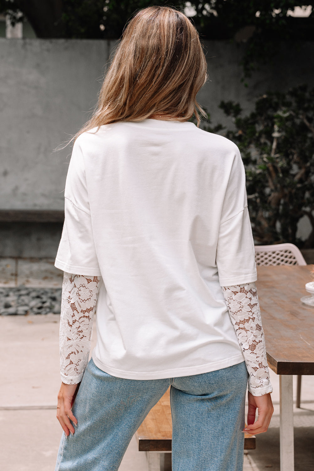 Black Lace Long Sleeve Insert Drop Shoulder Tee
