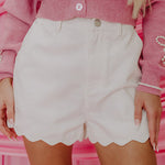 White Scalloped Hemline Acid Wash High Waist Denim Shorts