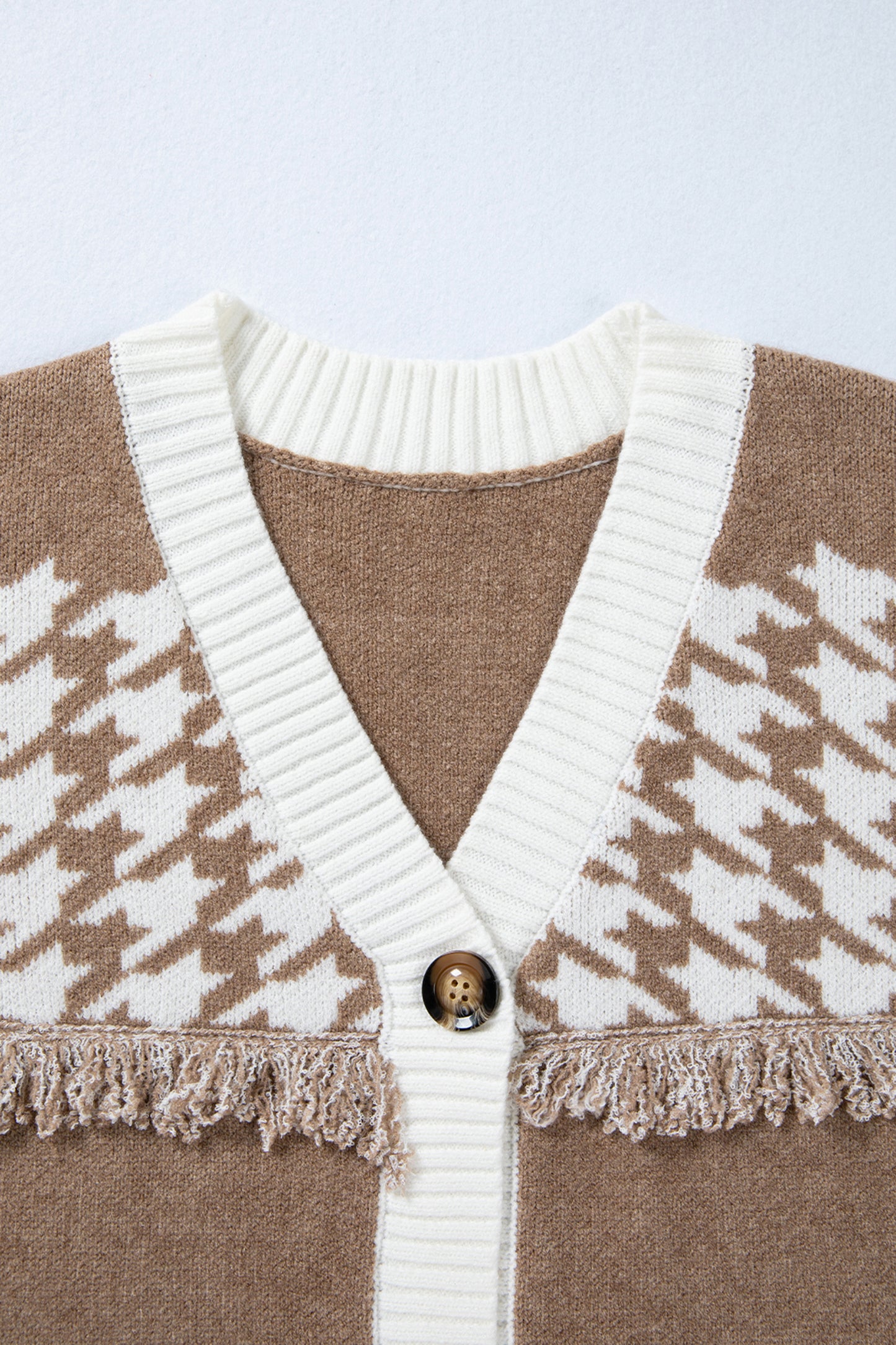 Khaki Houndstooth Color Block V Neck Raw Edge Button Front Cardigan