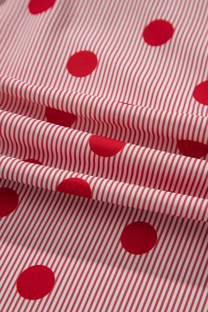Fiery Red Polka Dot Striped Print Ruffle Stand Neck 3/4 Sleeve Shift Shirt