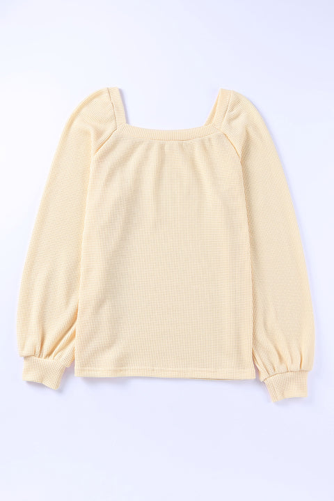 Square Neck Puff Sleeve Waffle Knit Top