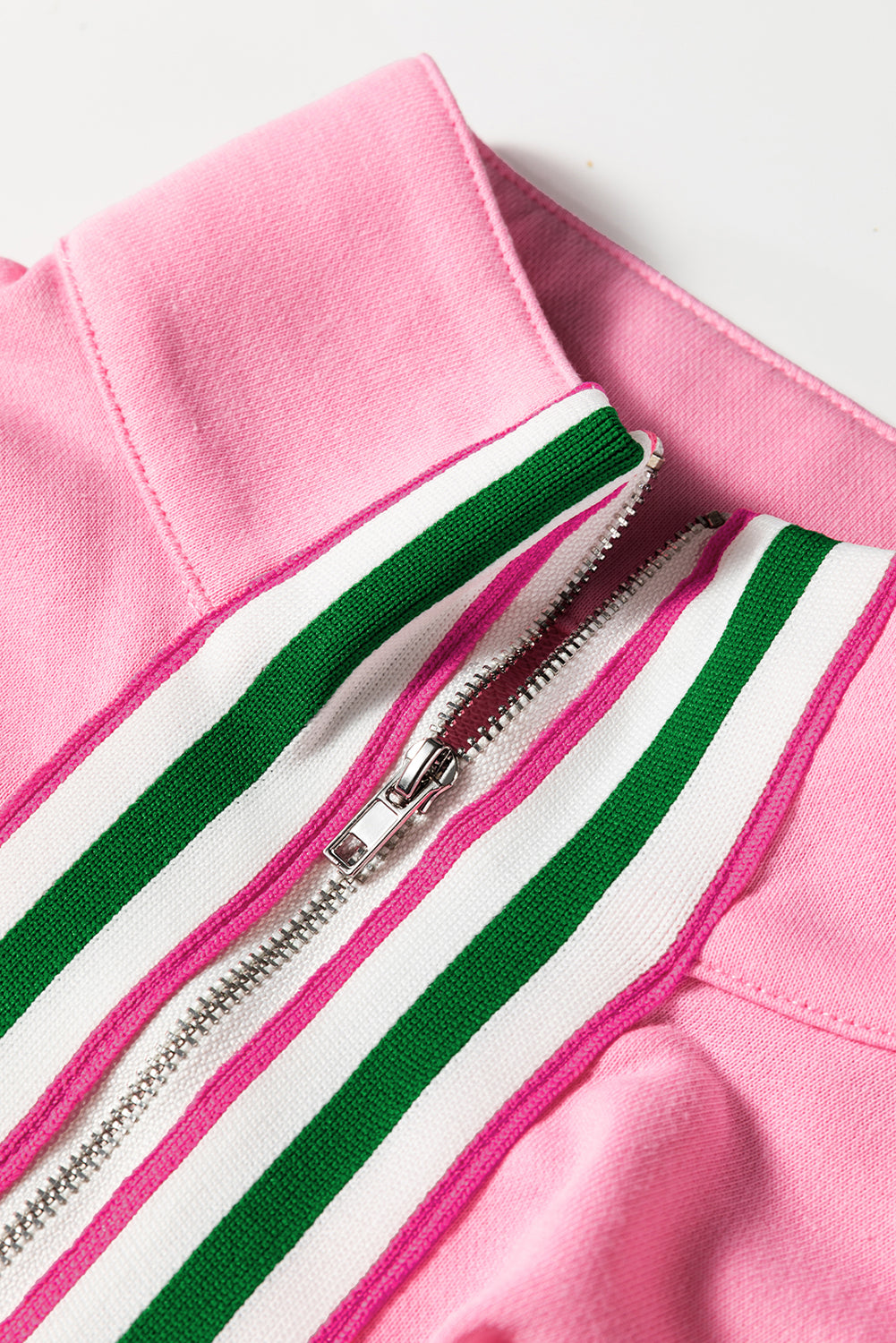Sachet Pink Contrast Striped Patchwork Zip Collar Pullover Sweatshirt