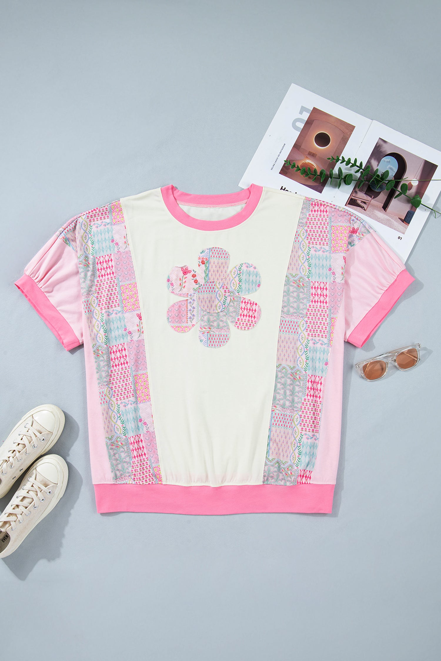 Beige Plus Size Floral Patchwork Short Sleeve Patch Embroidery Cotton T Shirt
