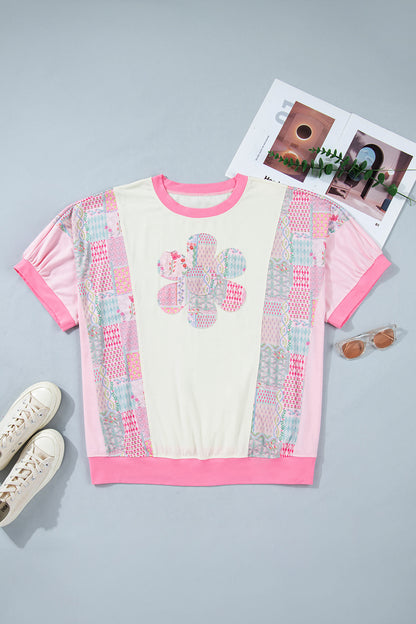 Beige Plus Size Floral Patchwork Short Sleeve Patch Embroidery Cotton T Shirt