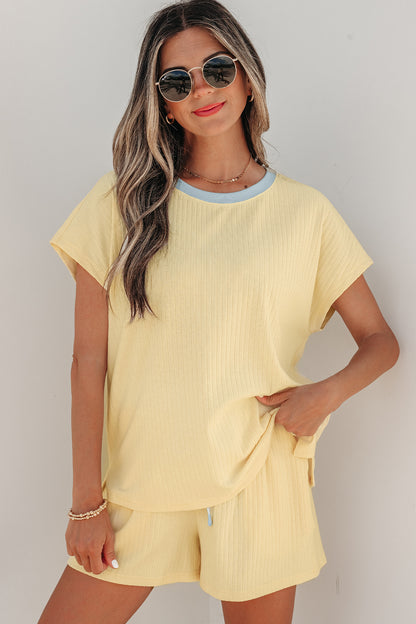 Yellow Cream Soft Ribbed Color Block Trim Casual Short Set