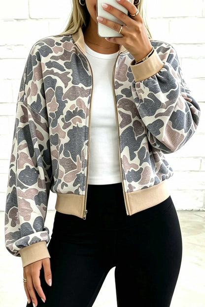 Multicolour Camouflage Print Color Block Trim Zip Bomber Sweatshirt