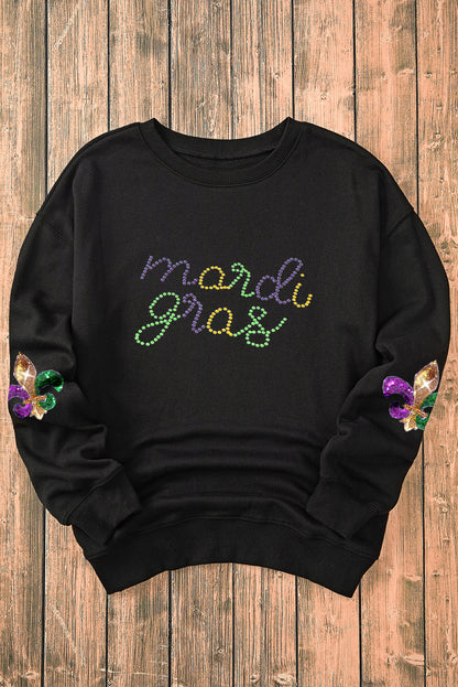 Sweat-shirt graphique en céramique noire avec strass et lettres du Mardi Gras