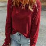 Fiery Red Textured Round Neck Long Sleeve Top