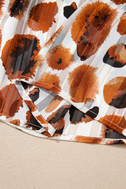 Chemisier plissé à manches 3/4 et volants, imprimé abstrait, avec détails de fils métalliques marron