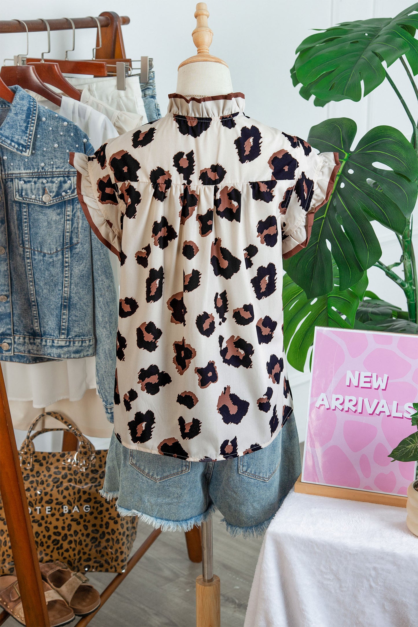 Khaki Leopard Printed Ruffle Sleeve Summer Blouse