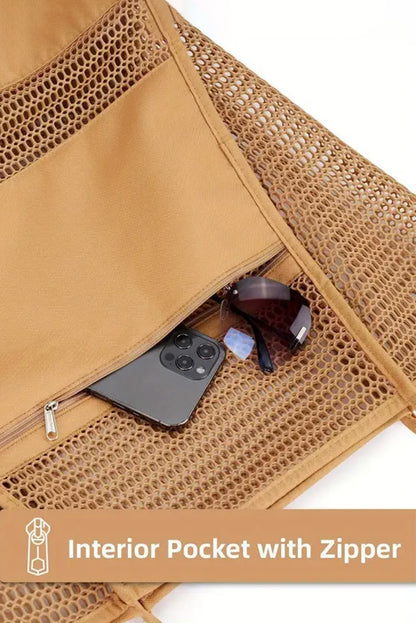 Light French Beige Hollowed Zipped Interior Pocket Nylon Tote Bag