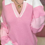 Pink Contrasting Polo Collar Color Block Knit Drop Shoulder Sweater