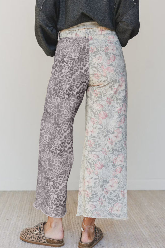 Multicolour Retro Floral Leopard Contrast Patchwork Raw Hem Jeans