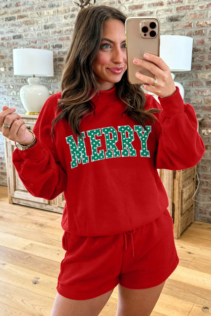 Red Christmas Slogan Print Mock Neck Pullover and Shorts Set