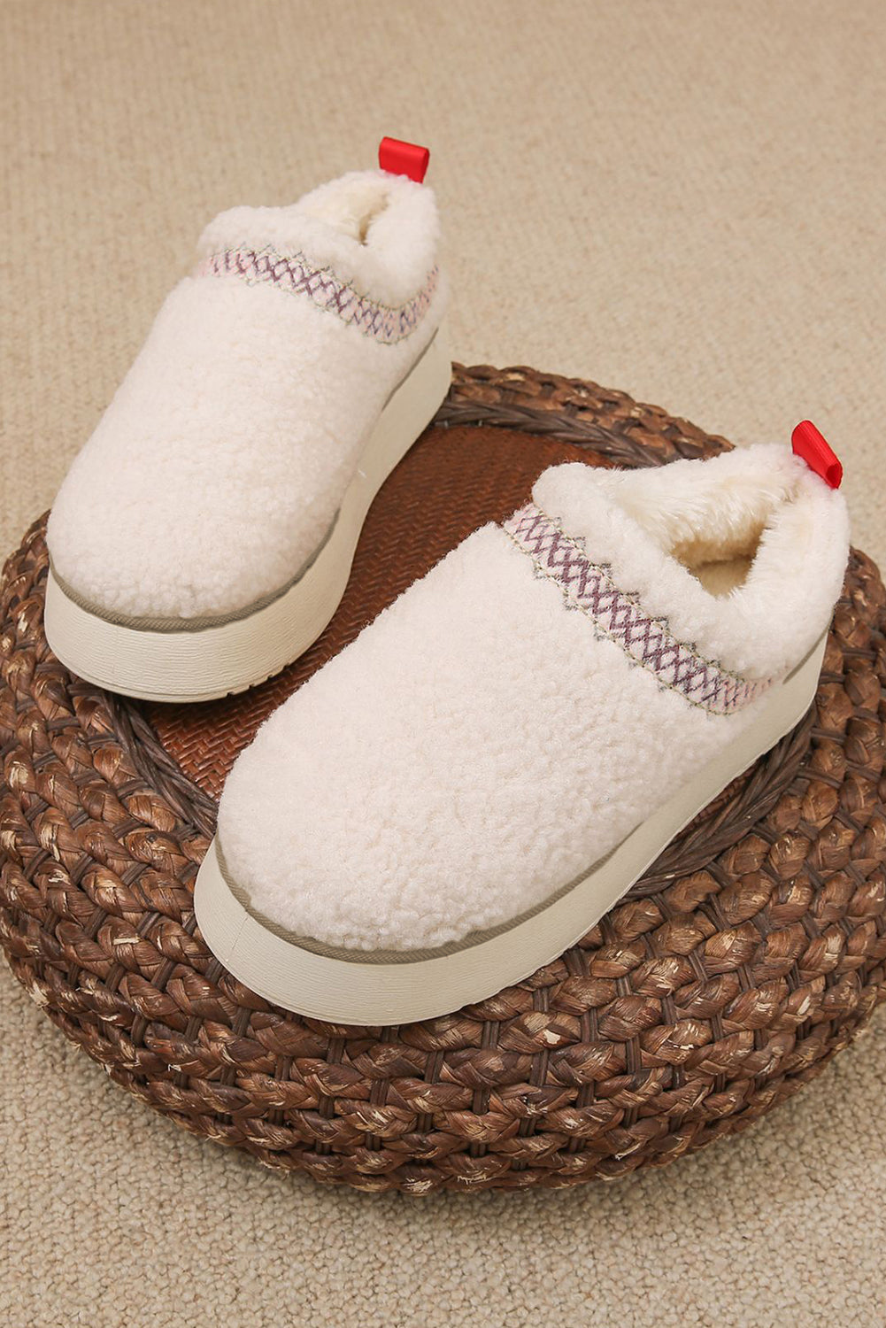 White Soft Plush Embroidered Detail Flat Platform Slippers