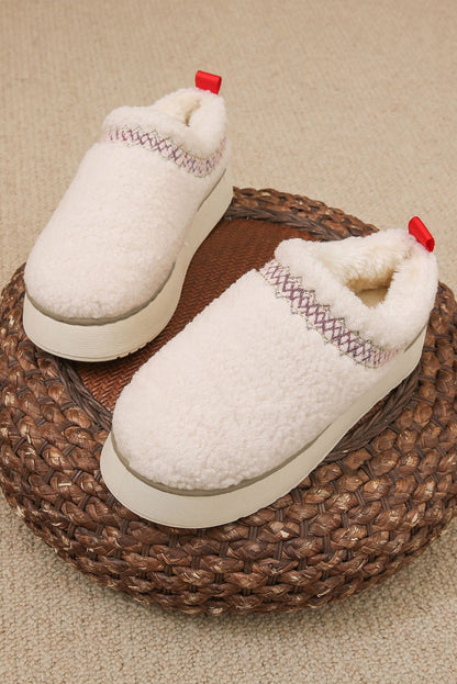 White Soft Plush Embroidered Detail Flat Platform Slippers