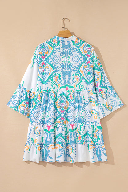 Sky Blue Tribal Bracelet Sleeve Buttoned Mini Dress
