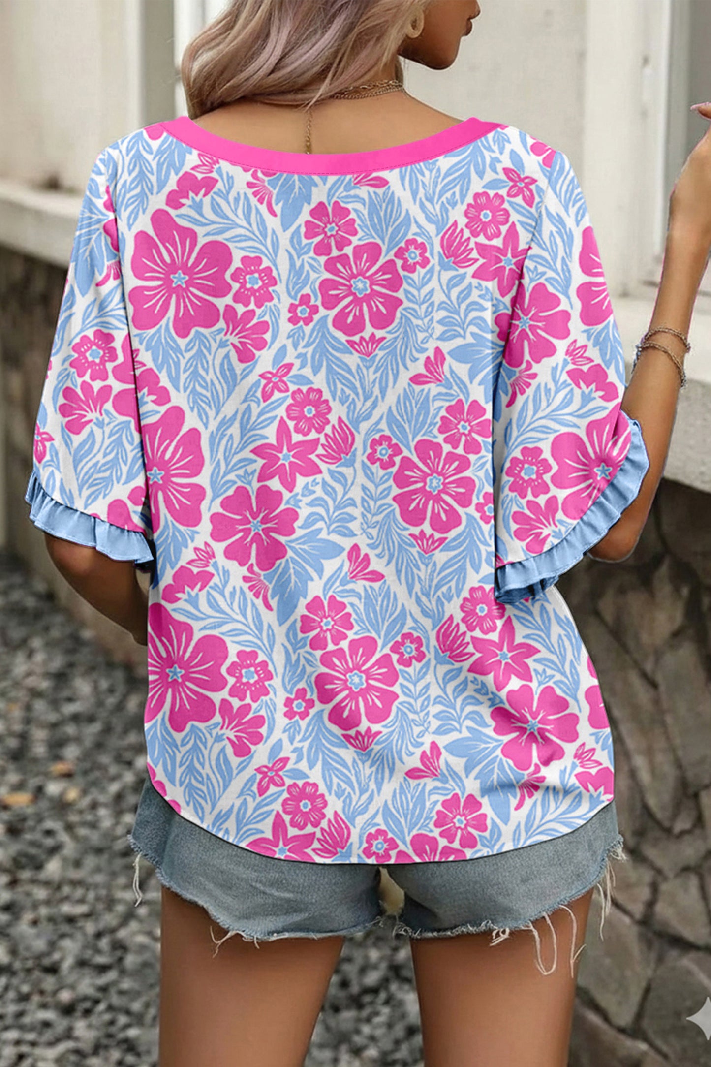 Rose Floral Print Ruffled Color Block Trim Half Sleeve Blouse