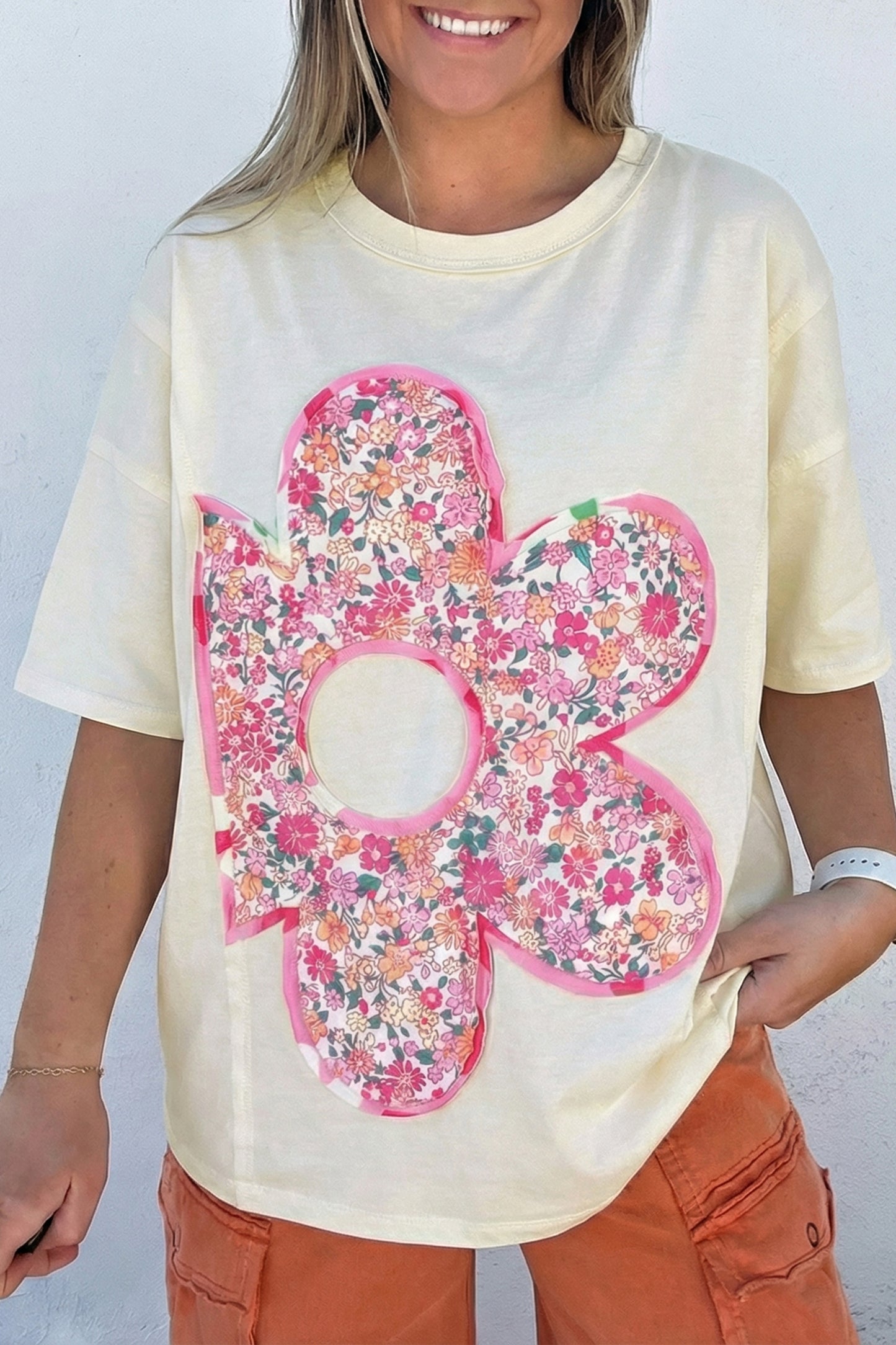 Jet Stream Floral Patched Raw Seam Big Flower Oversize Tee