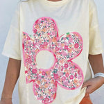 Jet Stream Floral Patched Raw Seam Big Flower Oversize Tee