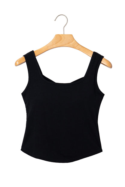 Black Twisted Cross Back Sleeveless U Neck Bra Insert Tank Top
