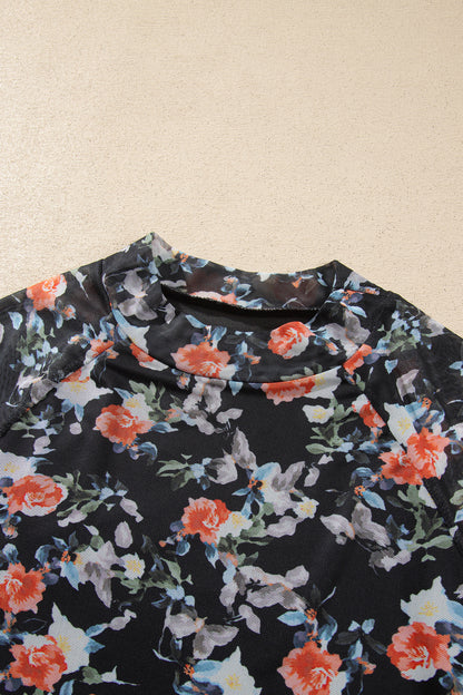 Black Floral Print Mesh Thumb Hole Long Sleeve Pullover Top