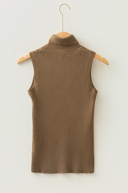 Light French Beige Western Ribbed Knit High Neck Sleeveless Waist Slim Fit Sweater Vest