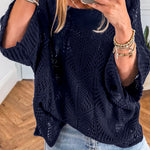 Navy Blue Hollow Out Knit 7/8 Sleeve Casual Sweater
