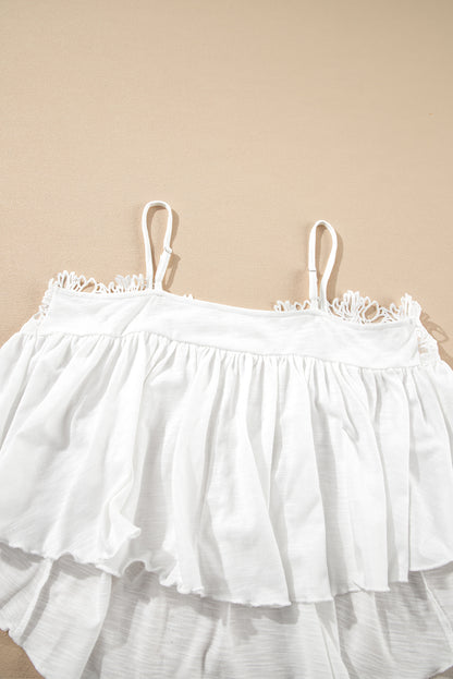 White Lace Splicing Spaghetti Straps Ruffle Flared Tank Top