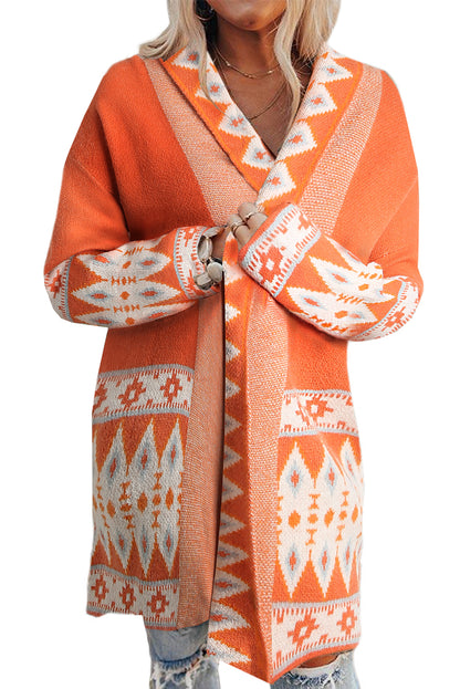 Cardigan ouvert en maille orange à imprimé aztèque