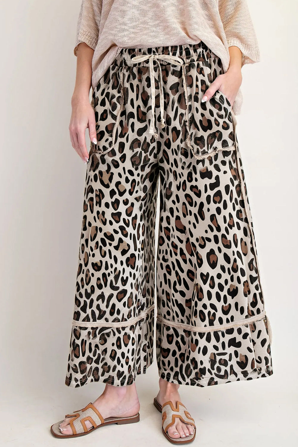Khaki Leopard Wide Leg Cropped Pants