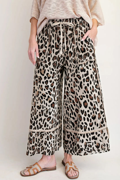 Khaki Leopard Wide Leg Cropped Pants