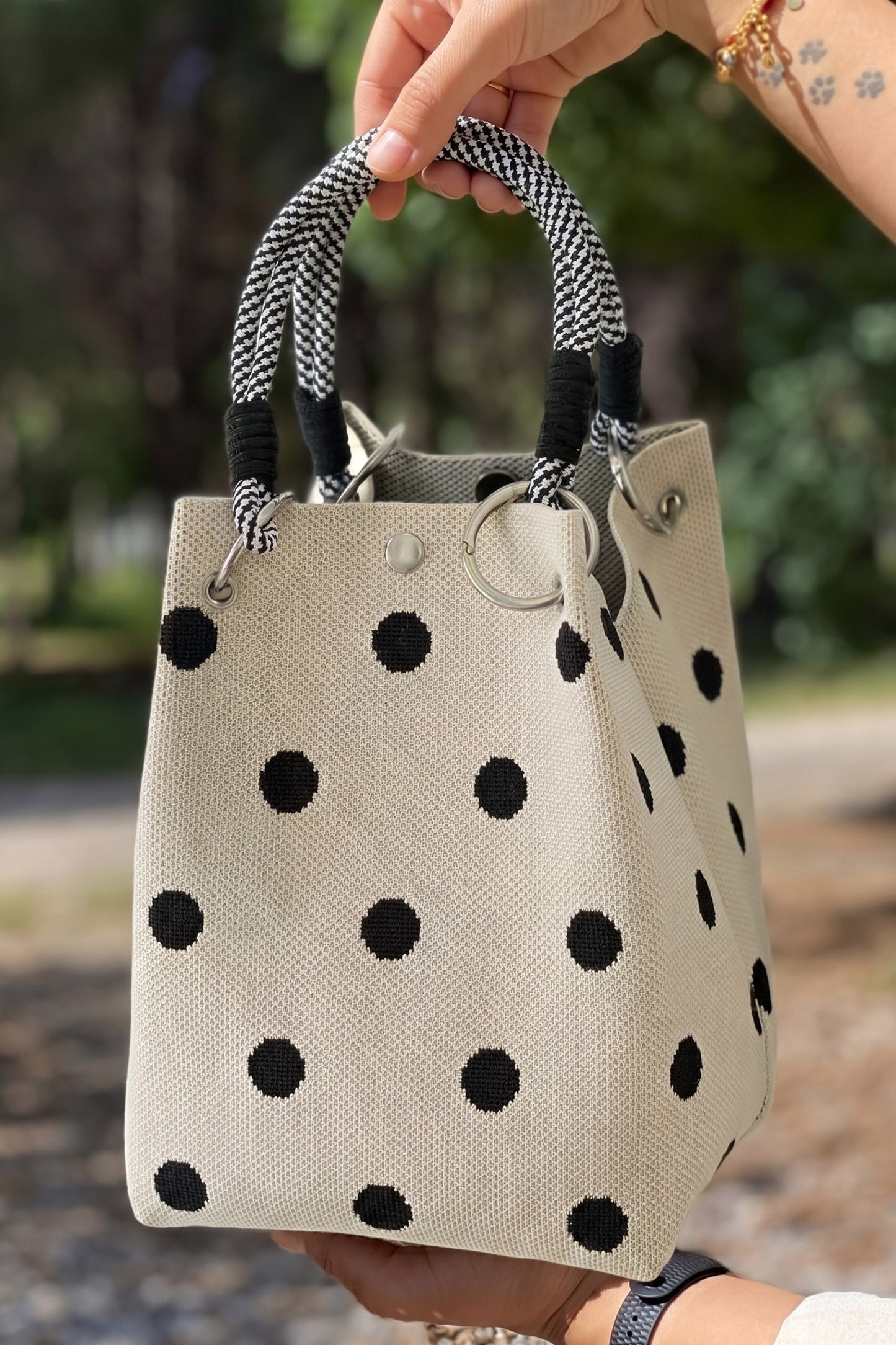 White Polka Dot Rope Handles Durable All Seasons Tote Bag