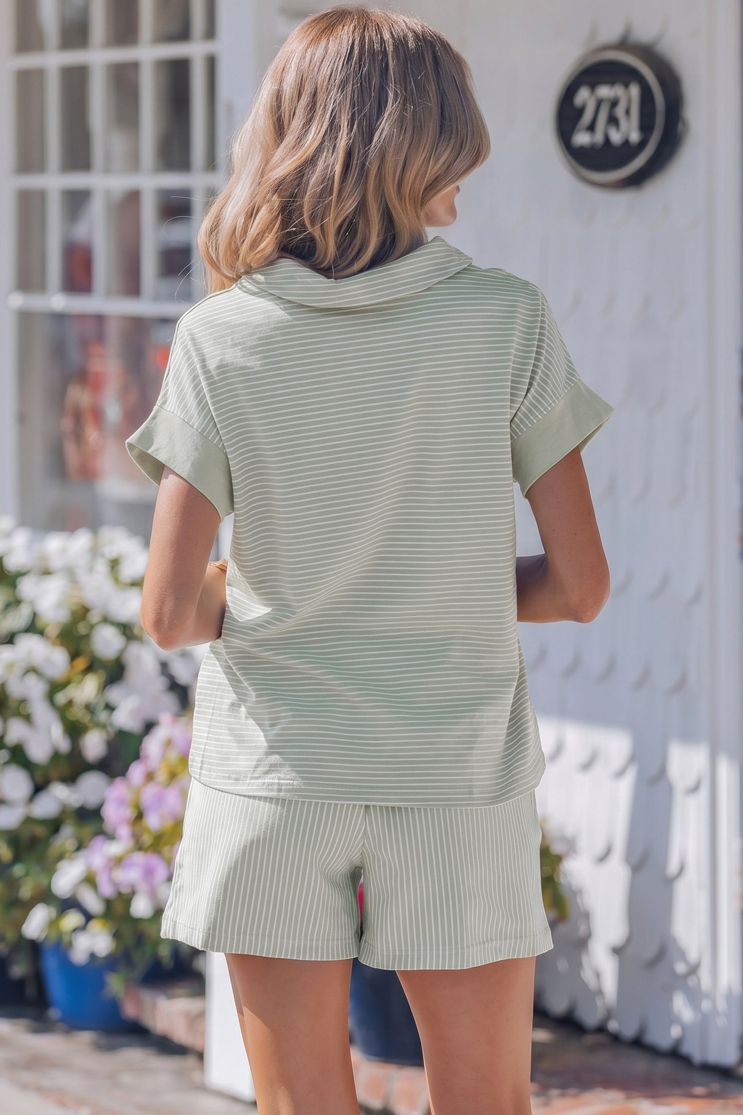 Sky Blue Stripe Dolman Sleeve Polo Shirt and Drawstring Shorts Set