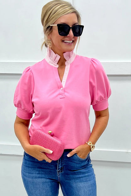 Sachet Pink Striped Frilled Collar Short Sleeve Blouse