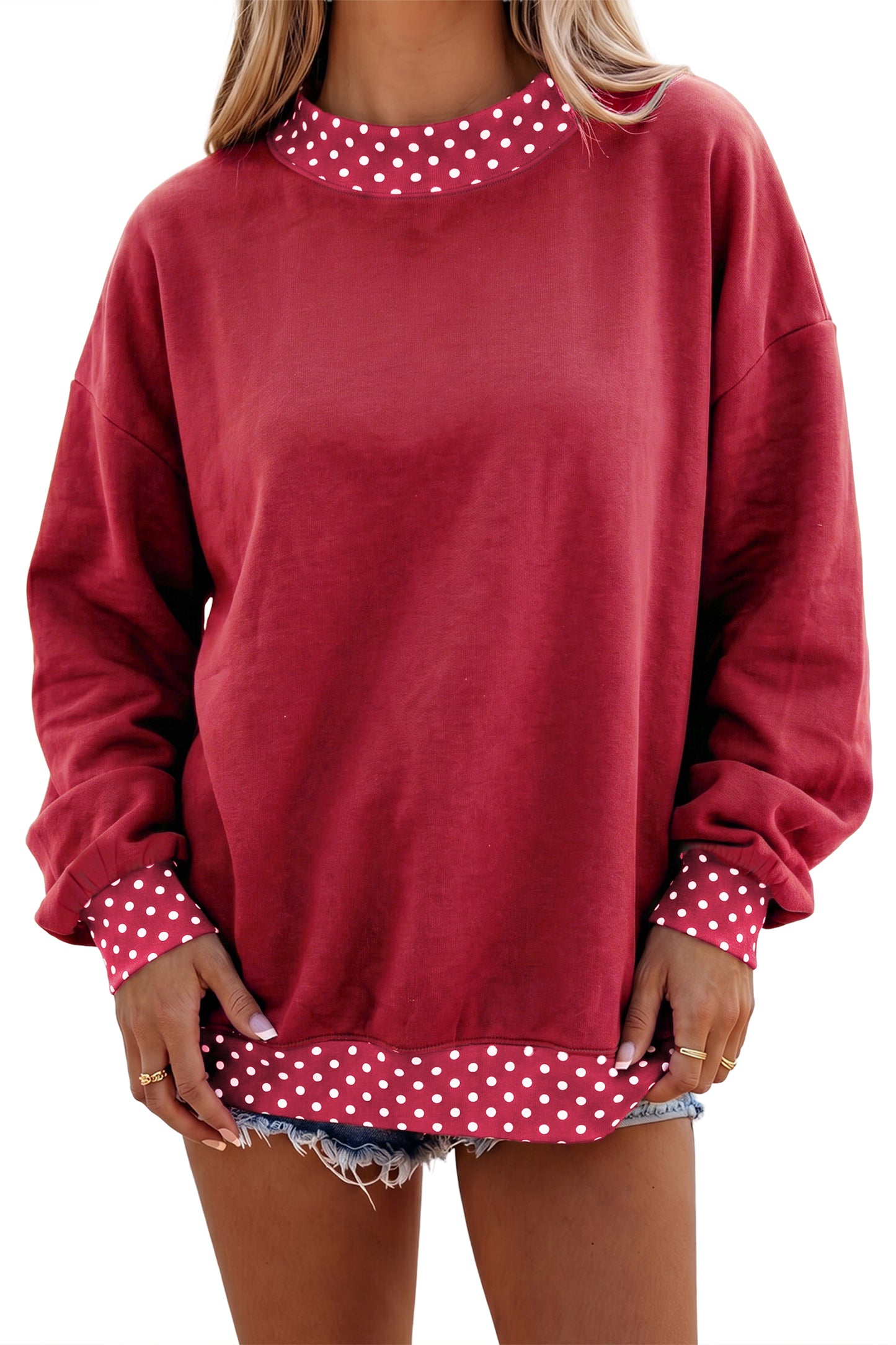 Red Dahlia Colorblock Polka Dot Contrast Trim Oversized Sweatshirt