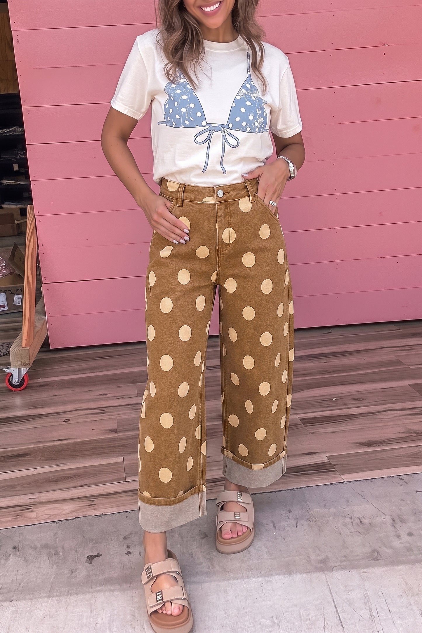 Brown Polka Dot Ankle-Length Metal Button Casual Jeans