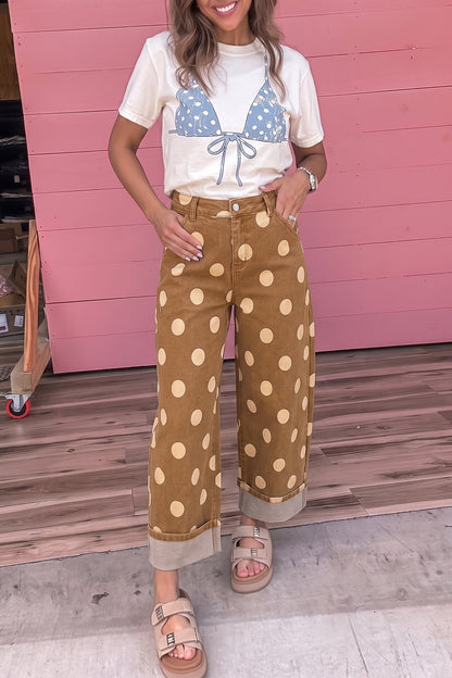 Brown Polka Dot Ankle-Length Metal Button Casual Jeans