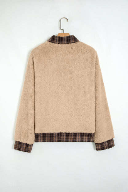Light French Beige Plaid Collar Button Front Fleece Pullover Sweatshirt