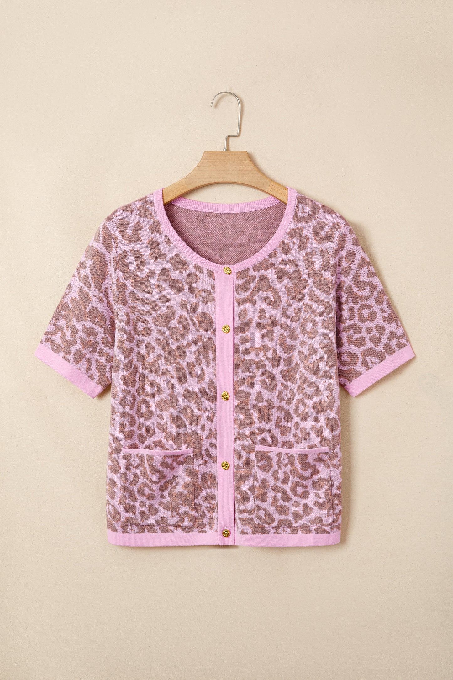Pink Leopard Button Down Short Sleeve Sweater Cardigan