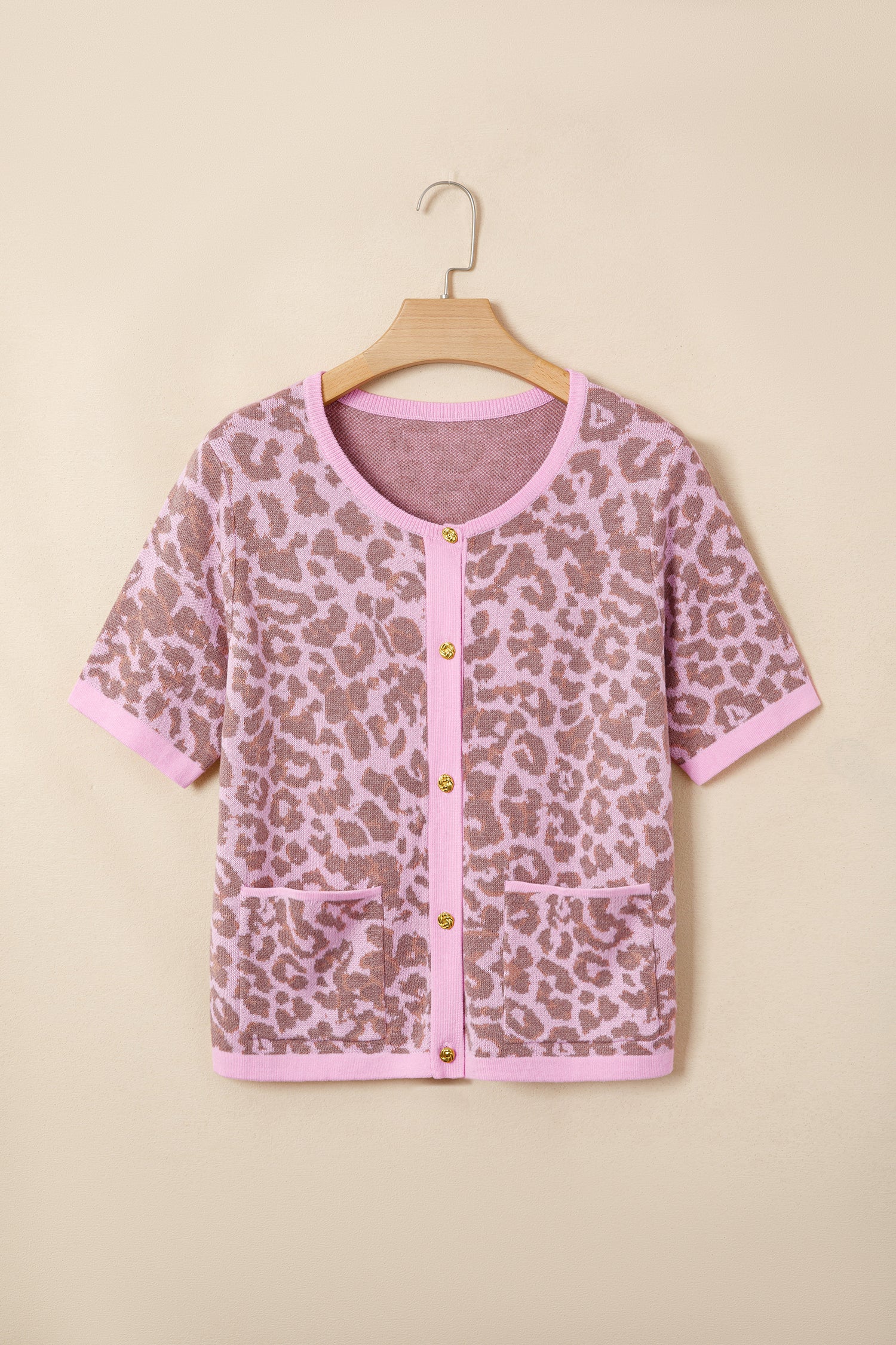 Pink Leopard Button Down Short Sleeve Sweater Cardigan