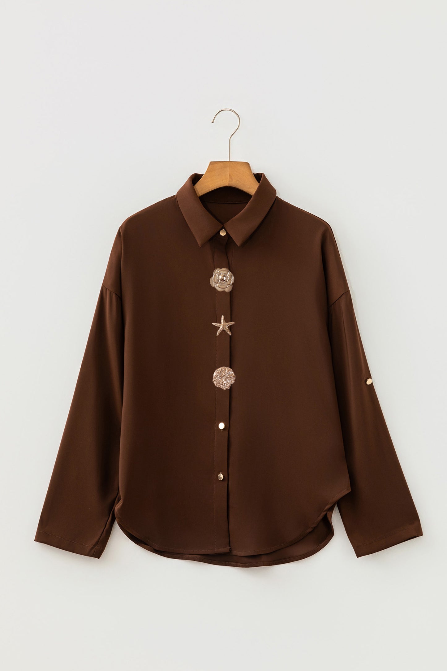 Coffee Multi Button Decoration Tab Long Sleeve Casual Shirt