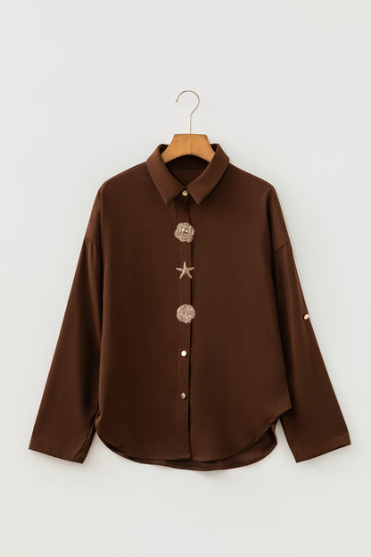Coffee Multi Button Decoration Tab Long Sleeve Casual Shirt