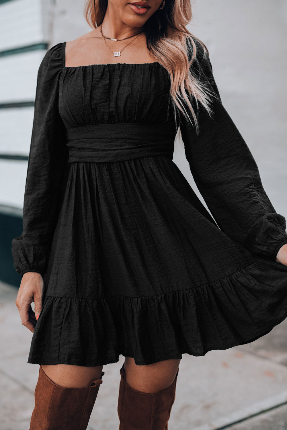 Black Ruched Square Neck Puff Sleeve Mini Dress – HannaBanna Clothing