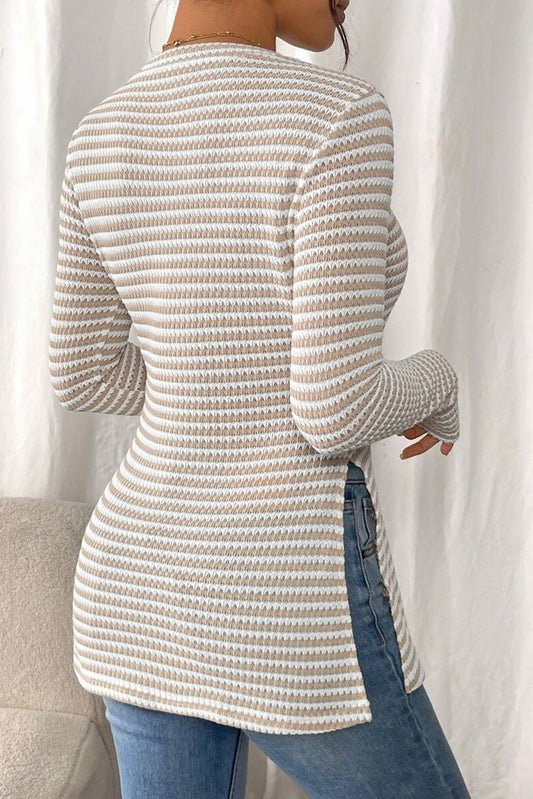 Jet Stream Striped Knit Side Slit Slim Round Neck Tunic Top