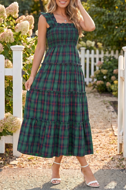 Green Plaid Ruffle Sleeveless Shirred Bodice Tiered Midi Dress