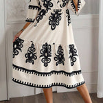 Robe midi ample beige à imprimé géométrique occidental, manches 3/4