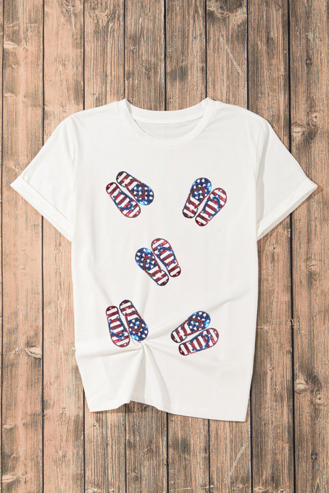 White Sequin American Flag Slipper Pattern Graphic T Shirt