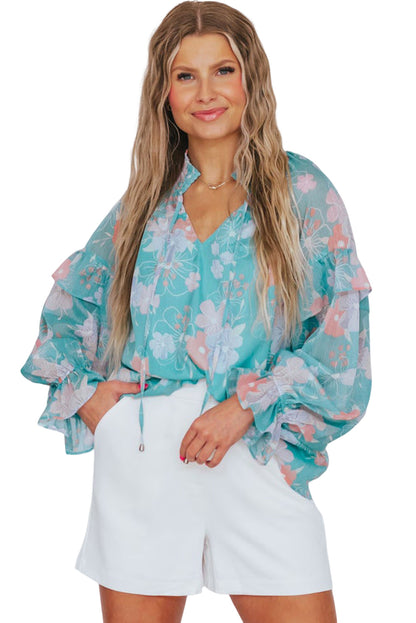 Sky Blue Floral Split Neck Ruffled Puff Sleeve Blouse
